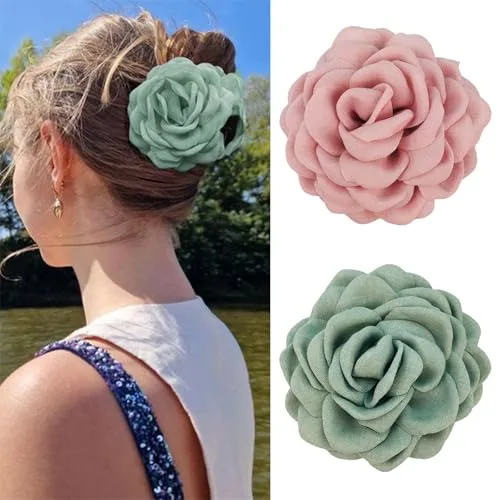 Mezrkuwr 2 Pinzas de Pelo con Diseño de Rosas Grandes para Mujeres - Estilo Floral Hawaiano - Rosa Cálido y Verde Salvia