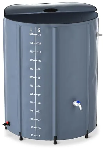 Froadp Depósito de agua de lluvia plegable de 500 l con tapa y escala, lona mate, depósito de agua para riego de jardín, depósito de agua para riego de jardín, barril de agua de lluvia, incluye