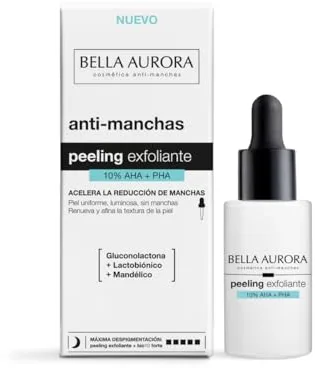 Bella Aurora Peeling Exfoliante 10% AHA + PHA | Sérum facial antimanchas para una piel más luminosa, uniforme y suave | Con ácido mandélico, gluconolactona, lactobiónico y bisabolol | 30 ml