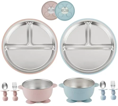 PandaEar Juego de 8 Piezas para Alimentación de Bebé | Platos y Cuencos con Succión de Acero Inoxidable con Cuchara y Tenedor de Silicona | Vajilla para BLW para Bebés y Niños (Rosa y Azul)