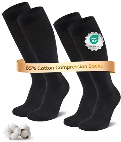 Niofind Medias de Compresion Mujer y Hombre – 2 Pares de Calcetines de Compresión y Calcetines Hasta la Rodilla Hechos de 65% Algodón – Ideales para Deporte, Trabajo, Vuelos y Embarazo