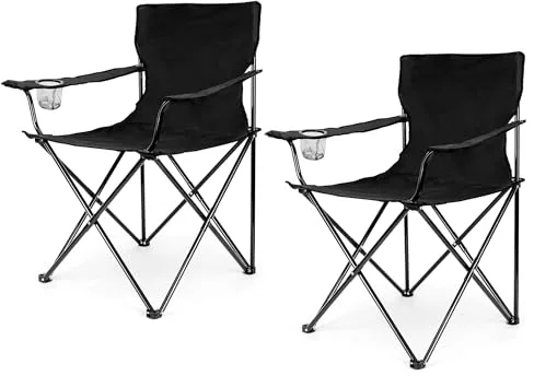 TIBBERS Sillas Plegables para Playa y Camping con Apoyabrazos y Soporte de Botella, Tela Oxford y Estructura de Acero, 80 x 50 x 50 cm, Color Negro, 2 Unidades, TBS039