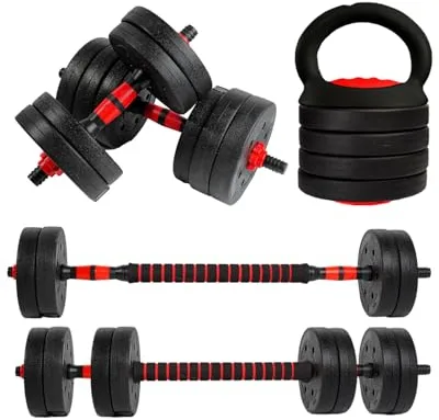 unycos - Juego de Mancuernas Ajustables 4 en 1 con Barra Recta de Conexión, Discos【30 kg】de Cemento Recubiertos, Pesas Clásicas, Pesa Rusa, Soportes para Flexiones, Fitness (Red Transformer)