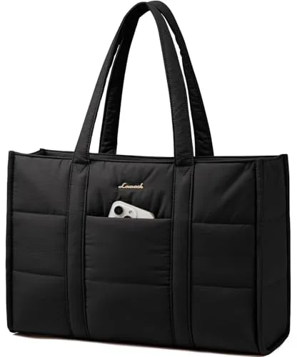 LOVEVOOK Bolso Mujer Grande, Puffer Bolso Tote Bag Bolsos para Universidad Shopper, 15,6 Pulgadas Bolso Portatil Ordenador para Trabajo Oficina Universitarias, Negro