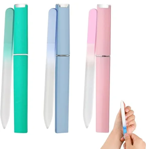 OUDQFCJ Set de 3 Limas de Uñas Profesionales de Cristal, Limas de Vidrio Doble Cara con Estuche, Superficie de Cristal para Manicura, Herramienta para Cuidado de Uñas de Mujeres