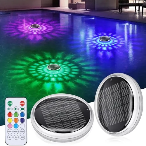 Luz Solar Piscina Flotantes, Luminación LED Subacuática Solar con mando a distancia, Temporizador, IPX7 Impermeable Luces Flotante Piscinas para Jardín, Piscina, Bañera, RGB Cambio de Color, 2 ud