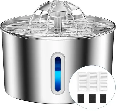 BalimoPet Fuente para Gatos Acero Inoxidable, 2,2L Bebedero Gatos con Cable Filtración Cuádruple, Ultra Silencioso, Fácil de Limpiar, con LED 3 Filtros y 3 Esponjas