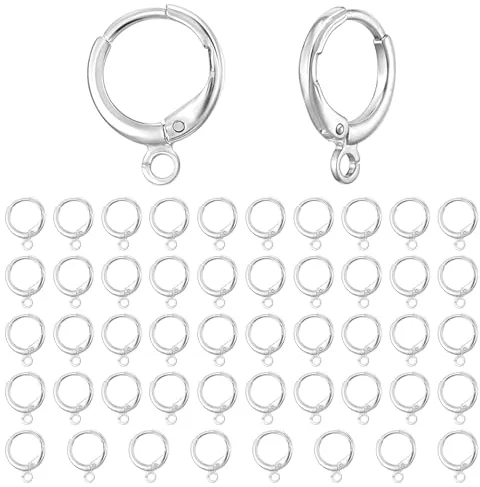 Xindojuz - 50 ganchos de plata de ley, pequeños aretes de aro para hacer joyas, aretes colgantes franceses con cierre de palanca, suministros para mujer (15 x 11 mm)