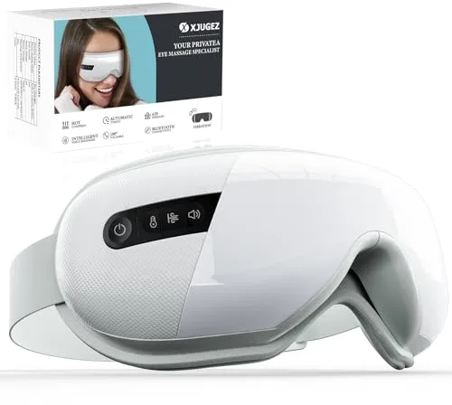 XJUGEZ Masajeador de Ojos con Calor, Compresión＆Música, Masajeador Facial Electrico para Relajar los Ojos, Aliviar la Fatiga Visual y la Sequedad Ocular, Regalo de Cumpleaños para Mamás/Papás, Blanco
