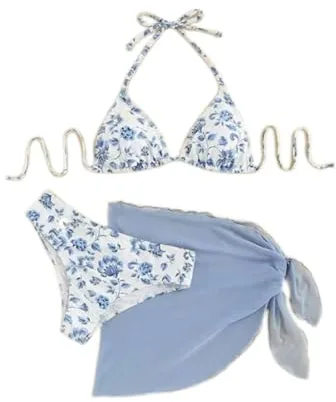 MUNSKT Bikini Mujer con Estampado Floral, Top de Bikini, Braguita de Triángulo y Top, Conjunto de Bikini 3 Piezas para Playa, Piscina y Vacaciones