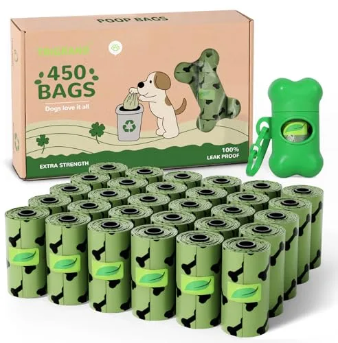 Bolsas Para Excrementos de Perro, 450 Bolsas de Basura - 30 Rollos (15 Bolsas por Rollo), Biodegradables, a Prueba de Fugas con Dispensador, Bolsas Para Excrementos de Perro Para Paseos al Aire Libre