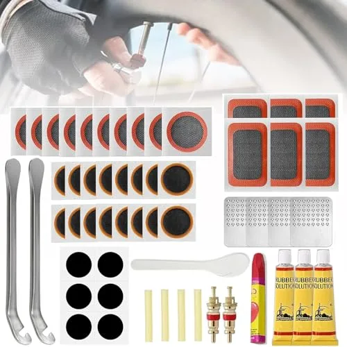 EHIOG 56pcs Kit Reparación de Pinchazos para Bicicleta, Parches Autoadhesivos y Vulcanizados, Herramientas Multifunción con Caja Portátil, para MTB, Ruta y Ciudad