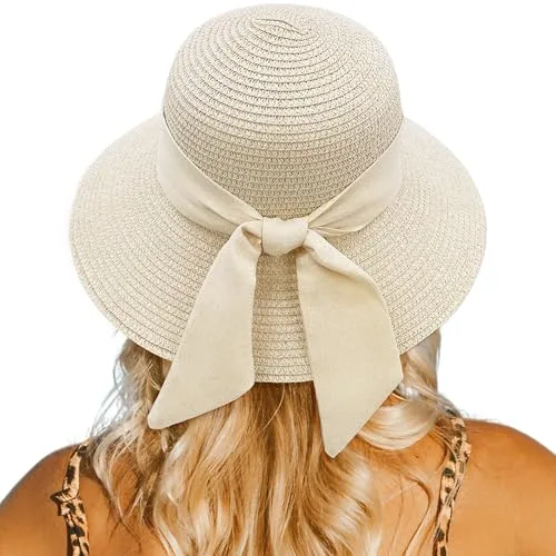 lifwimner Sombrero de Playa para Mujer, Sombrero de Sol de Paja Plegable ala Ancha, Sombrero de Verano con Visera para Plage Vacances Voyage (FR/ES, Letras, M, Beige)