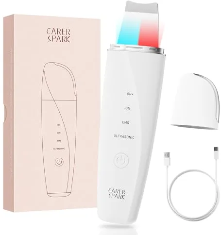 CARER SPARK Peeling Ultrasónico Facial – Espátula Facial Ultrasónica EMS e Iones y Terapia de Luz, 4 Modos para Limpieza Profunda Eliminación de Puntos Negros Exfoliación Suave Recargable USB