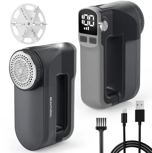 BEAUTURAL Quitapelusas Eléctrico USB-C Recargable con 3 Velocidades, Pantalla LED, Luz Frontal y Cuchillas de 6 Hojas – Ideal para Ropa, Muebles y Todo Tipo de Telas, Color Gris