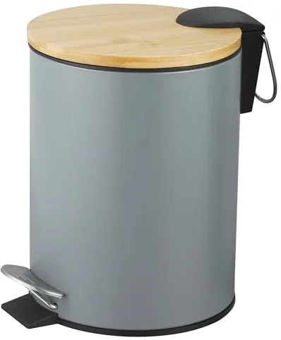 Amig - Cubo de Basura para Baño con Pedal 3 Litros Mod. Naturline - Color Gris y Bambú - Apertura Higiénica sin Manos - Ø16,8 x 23 cm - Acero Inoxidable Lacado - Papelera Redonda con Tapa Hermética