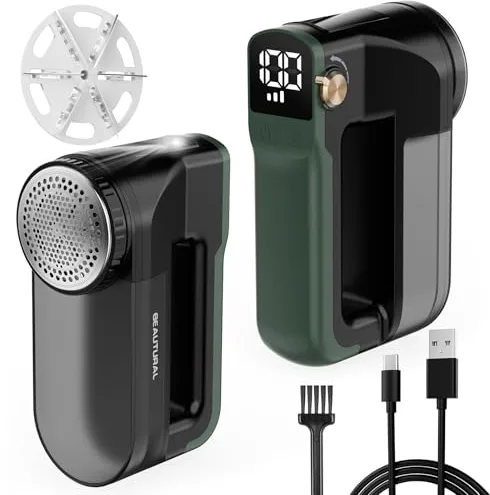 BEAUTURAL Quitapelusas Eléctrico USB-C Recargable con 3 Velocidades, Pantalla LED, Luz Frontal y Cuchillas de 6 Hojas – Ideal para Ropa, Muebles y Todo Tipo de Telas, Color Verde