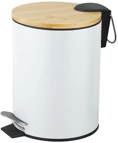 Amig - Cubo de Basura para Baño con Pedal 3 Litros Mod. Naturline - Color Blanco y Bambú - Apertura Higiénica sin Manos - Ø16,8 x 23 cm - Acero Inoxidable Lacado - Papelera Redonda con Tapa Hermética