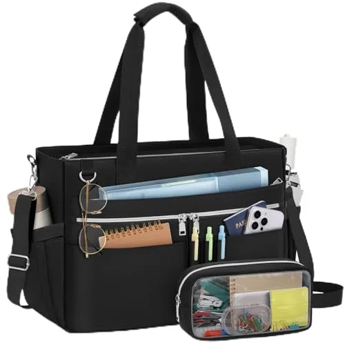 RAINSMORE Bolso Maestra Portatil Mujer Grande Bolsa de Profesora con Compartimentos Aislantes en Ambos Lados Resistente al Agua para de Trabajo Oficina Universidad Shopper Negro