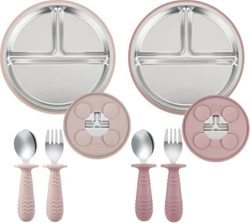 PandaEar Set de 2 Platos de Acero Inoxidable con Ventosa para Bebé y Set de 2 Cucharas y Tenedores, Utensilios para Bebé, Platos Divididos para Alimentación Autónoma, Sin BPA (Rosa)