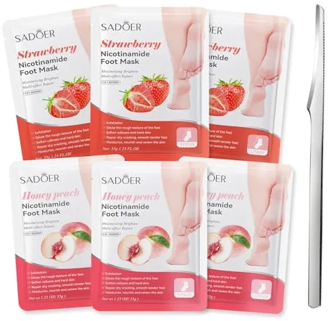 6 Pares Calcetines Exfoliantes para Pies,Mascarilla Pies Peeling,Máscara para pelar los pies,Mascarilla Pies Secos y Agrietados,con Kit de Pedicura,Fresa y Melocotón