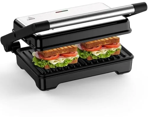 YASHE Sandwichera 1500W – Parrilla Panini con Placas XXL Antiadherentes – Temperatura Automática y Luces Indicadoras – Para 2 Rebanadas