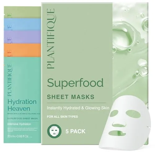 PLANTIFIQUE Mascarilla Facial Coreana con Ácido Hialurónico, 5 Unidades - Aloe Vera, Melocotón, Coco, Centella, Colágeno y Coenzima Q10 - Hidratante y Calmante - Korean Daily Face Mask