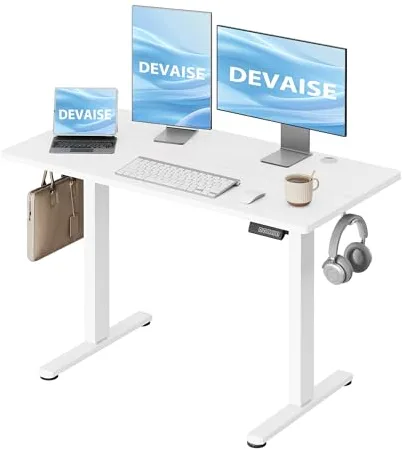 DEVAISE Escritorio Elevable Eléctrico,Mesa Regulable Rltura 120 x 60cm con 3 Memorias,Mesa de Oficina con Panel Inteligente en Casa con Tablero Ensamblado, Blanco