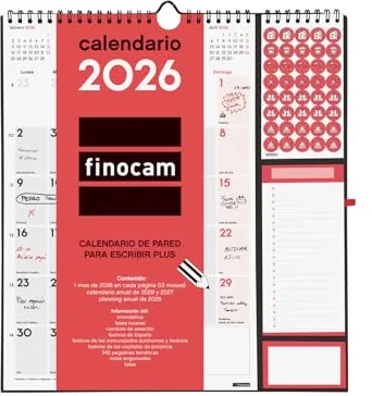 Finocam - Calendario de pared 2026 Plus Mes Vista Enero - Diciembre (12 meses) | Calendario 2026 para anotar | Planificador mensual Neutro - Español
