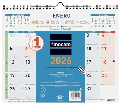 Finocam - Calendario de pared 2026 Mes Vista Enero - Diciembre (12 meses) | Calendario 2026 para anotar | Planificador mensual Color - Español