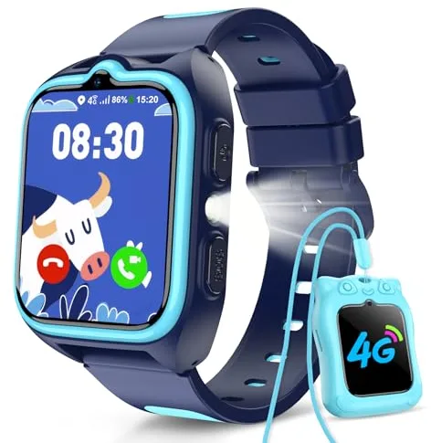 Reloj Inteligente Niño 4G, Smartwatch Niños con GPS, Videollamadas, Ilamadas, Chat de Voz, Modo Escuela, SOS, 1.75" Smartwatch con Linterna, Funda de Silicona Suave, Cámara, Batería Grande de 800 mAh