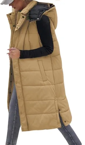Tuopuda Chaleco Mujer Chaleco Acolchado Invierno Termico Chaquetas sin Mangas con Capucha Desmontable Chalecos Exteriores con Bolsillos Outwear con Cremallera, Caqui Oscuro, XL