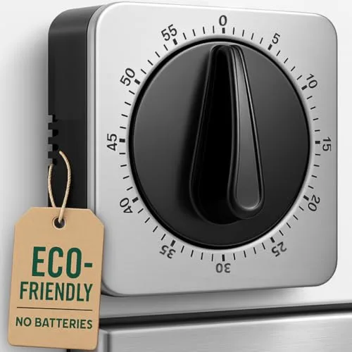 Kitchen Timers - Temporizador De Cocina con Alarma Fuerte, No Requiere Pilas, 100% Mecánico, Parte Trasera Magnética, Exquisito Cuerpo De Acero Inoxidable – Recordatorio De Cuenta Regresiva (Gris)