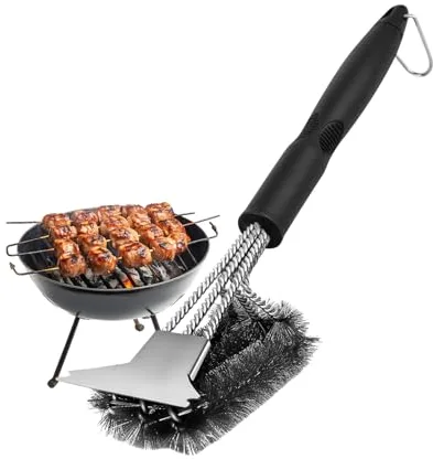 FRUHLING 43 cm Grillbürste Edelstahl Grillrost Bürste Grill Reinigungsbürste Lang mit Spatel 3-fach Bürstenkopf PP Wärmedämmung Griff für Gasgrill Holzkohlegrill Elektrogrill Grillrost