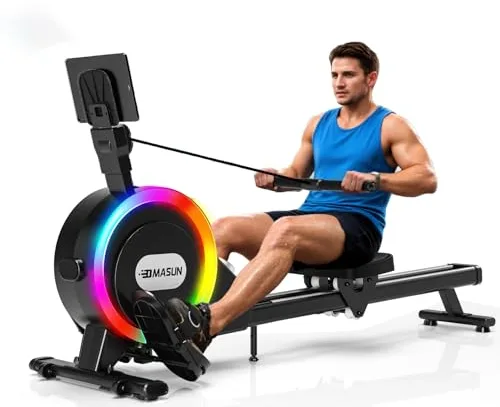DMASUN Máquina de Remo para casa, Remo magnético con 32 Niveles de Resistencia silenciosa, rieles deslizantes Dobles mejorados, Capacidad de Peso de 160 kg, Compatible con App, indicador de luz