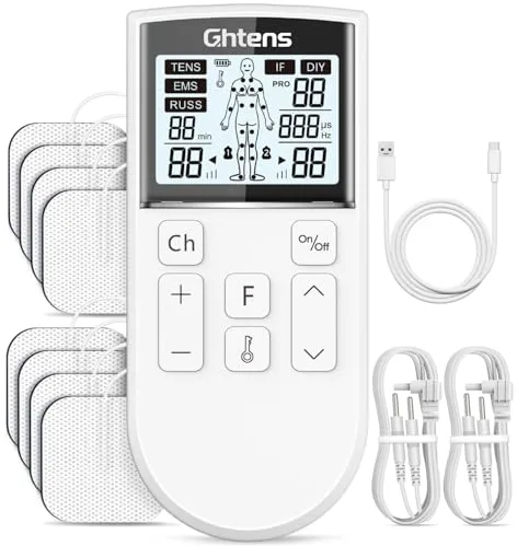 GHTENS 5 en 1 Electroestimulador Muscular‌ Profesional, Recargable 80 Modos de Estimulación, Con Función TENS/EMS/RUSS/IF/DIY y Masaje, 2 Canales, 16 Intensidad, Para el Alivio del Dolor (Blanco)