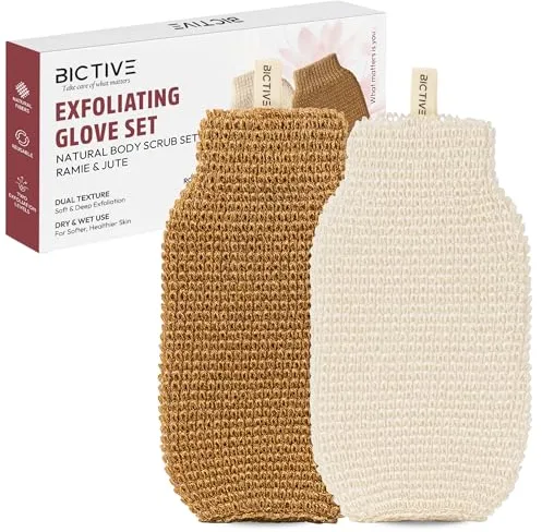 BICTIVE® Kit de 2 Guantes Exfoliantes Corporales de Fibras Naturales. Para Eliminar Piel Muerta y Tener Piel Suave y Luminosa. Manopla Exfoliante, Guantes de Crin para la Ducha. Suave e Intenso