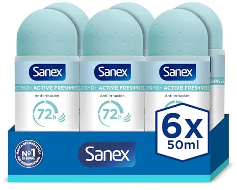 Sanex Dermo+ Active Freshness Desodorante Antitranspirante Roll-On 72 Horas (50ml) Pack 6 – protección eficaz contra el sudor y el mal olor – dermatológicamente testado – contiene 0% alcohol*