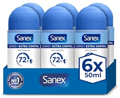 Sanex Dermo+ Extra Control Desodorante Antitranspirante Roll-On 72 Horas 6x50 ml– protección efectiva contra el sudor y el mal olor – dermatológicamente testado– contiene 0% alcohol*