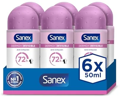 Sanex Dermo+ Invisible Desodorante Antitranspirante Roll-On 72 Horas 6 X 50ml – protección eficaz contra el sudor y el mal olor – dermatológicamente testado – protege de las manchas