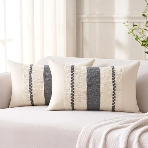 Aisybaklyn Boho Funda Cojin Gris 30x50 cm Moderno Raya Cojín Sofa Algodón Lino Raya Textura Tejida Fundas Cojines 2 Piezas para Bohemia Campo Decoracion Sala de Estar Sofás Dormitorio