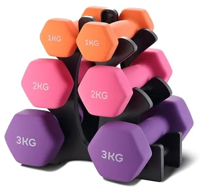 TEENO Juego de Mancuernas Hexagonales con Soporte, 2 x Mancuernas 3/2/1kg, Pesas Gimnasio en Casa para Fitness, y Ejercicios de Fuerza y Tonificación, Mujeres y Hombres