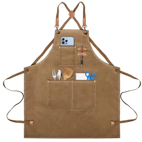 lompyeu Delantal de Cocina,Delantal de Barbacoa Impermeable con 3 Bolsillos,Delantal de Cocina Lienzo para Hombres y Mujeres,Correa Ajustable,para peluquero, Restaurante, Café, Jardinería (Marrón)