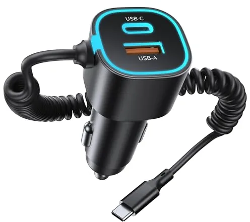 GuMosh 65W Cargador de Coche USB C Carga Rapida, 3 Puertos Mechero Coche con 1,5M Cable en Espiral Tipo C, PD QC PPS Car Charger Compatible con iPhone 17/16/15/14/13,Galaxy Phone,MacBook,iPad,Android