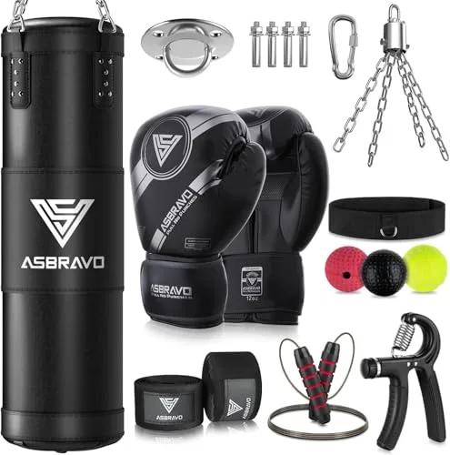 ASBRAVO Saco de Boxeo para Adultos - Kit de 120 cm con Guantes de 12 oz, Vendajes de Mano de 5m, Ideal para MMA, Karate, Taekwondo y Entrenamiento en Gimnasio en Casa - Sin Relleno