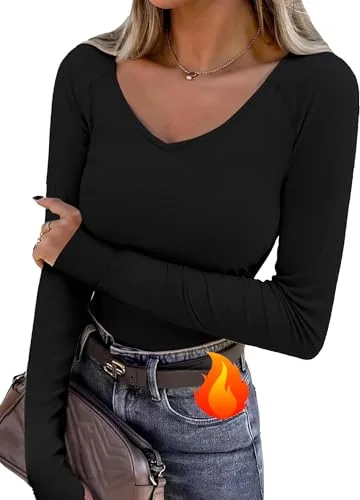 Wayleb Camiseta Térmica Mujer Manga Larga Cuello en V Ajustada Elástica con Agujeros para Los Pulgares Tops Deportivo de Invierno para Running y Gym
