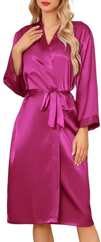 Sopesil Batas de Satín para Mujeres Kimono Bata de Novia Largo Boda Ligeros Batas Matutinas Suave Fiesta para Dormir Cuello en V,Rosa fucsia,XXL