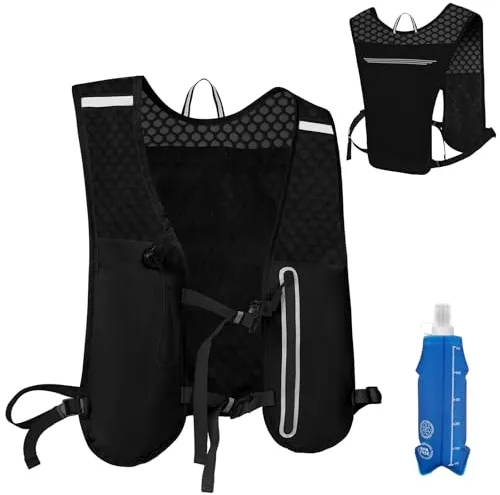Alaoo Chaleco Running, Multifunción Mochilas de Hidratación + 1 Soft Flask 500ml, Ligero, con Reflectante yCorreas de Pecho Ajustables Mujer Hombre para Correr Bicicleta. (Negro)