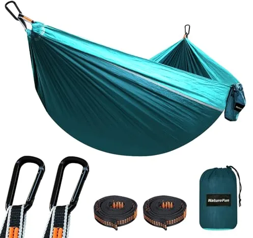 NATUREFUN Hamaca Ultraligera para Viaje y Camping (275x140 cm) | 300kg de Capacidad de Carga,Transpirable, Nylon de Paracaídas de Secado Rápido | 2X Mosquetones Premium, 2X Correas de Nylon Incluidas