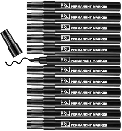 Blendura Rotulador Permanente Negro 12 rotuladores, Rotulador Negro Punta Cónica 1-3 mm de Secado Rápido para Plástico, Cartón, Piedra, Madera, Metal y Vidrio